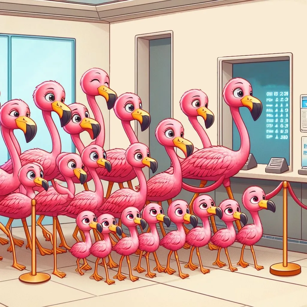 Des flamands roses qui attendent à la caisse