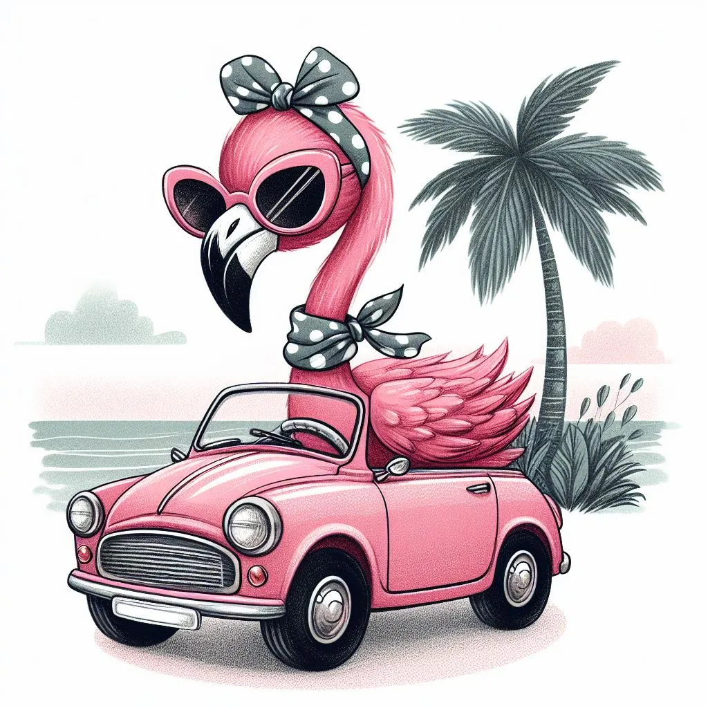 Un flamand rose en voiture