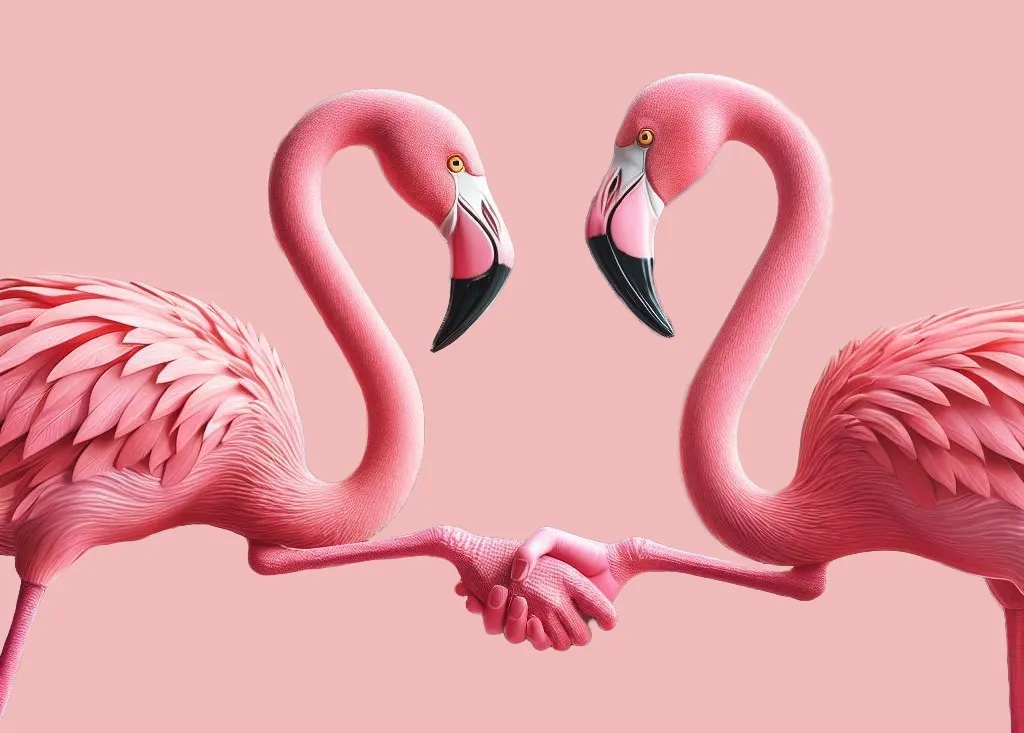 Deux flamands roses qui se serrent la main