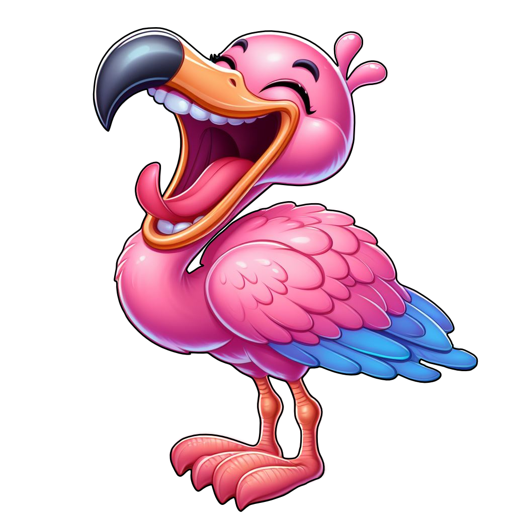 Logo FrancoFun, un flamand rose hilare de style cartoon